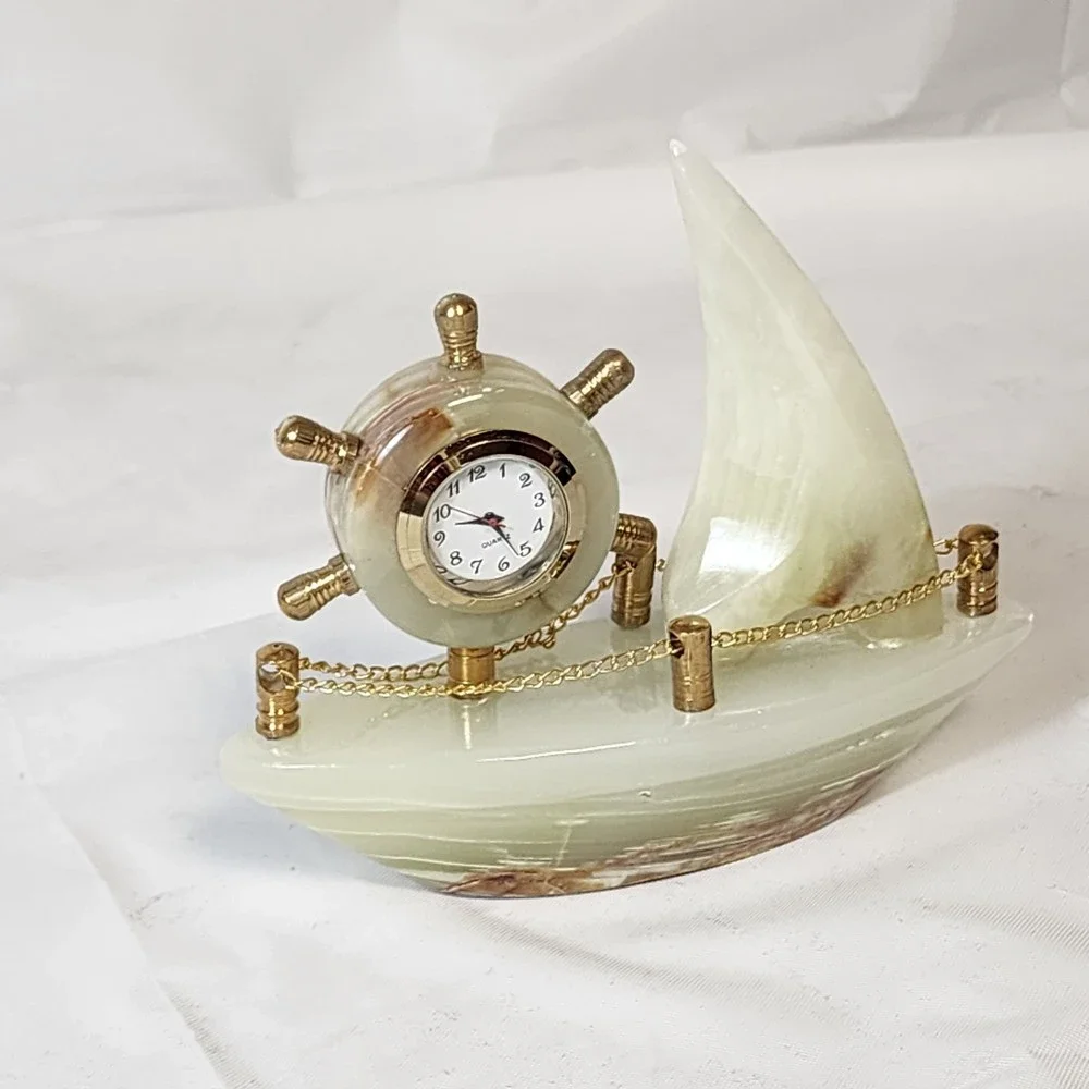 Decorative Collectible Ship Clock Desk Mentel Marble Onyx Handmade Imported NEW